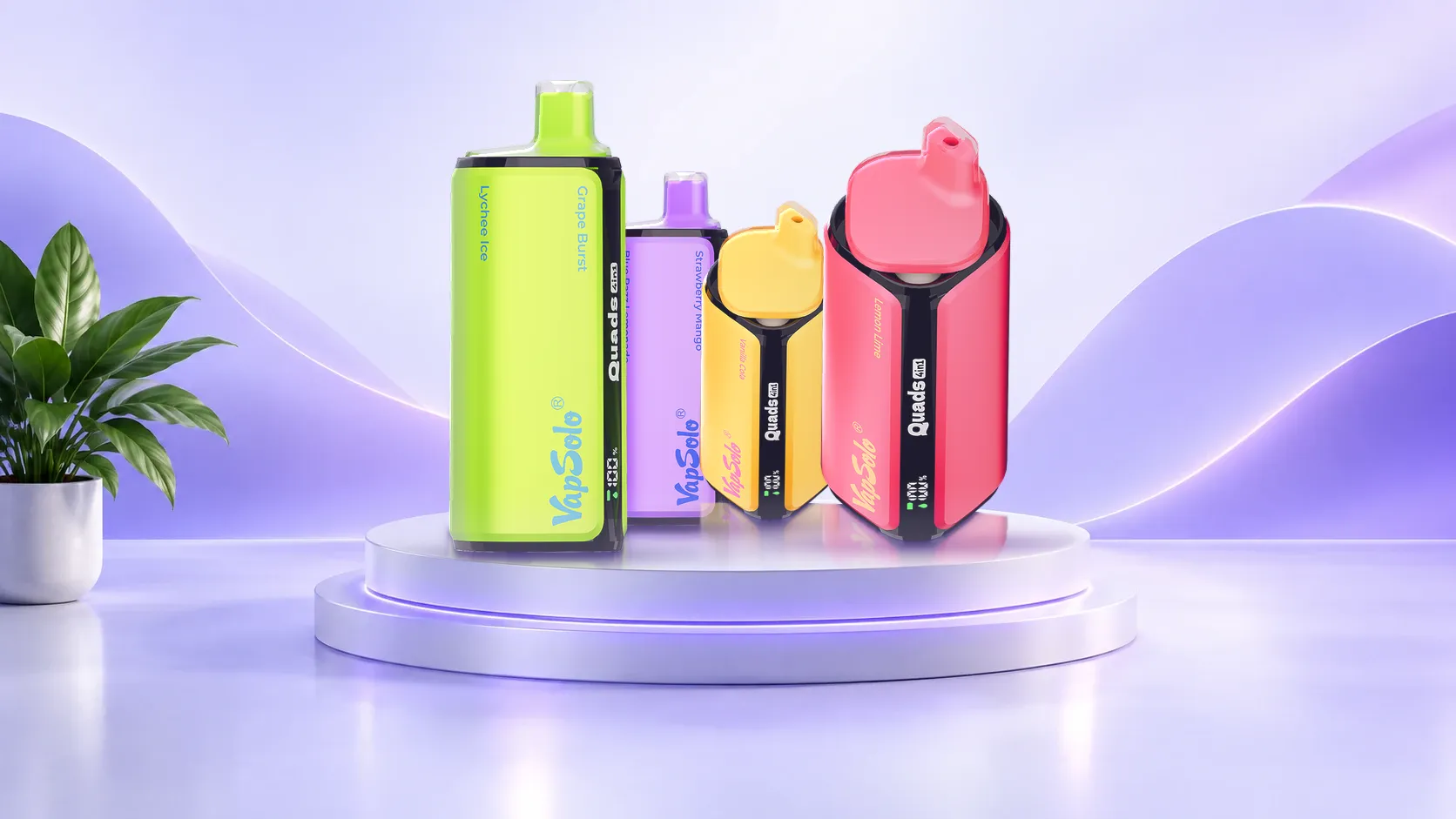 Cuatro vapers VapSolo® Quads 80K de colores distintos sobre un podio lavanda